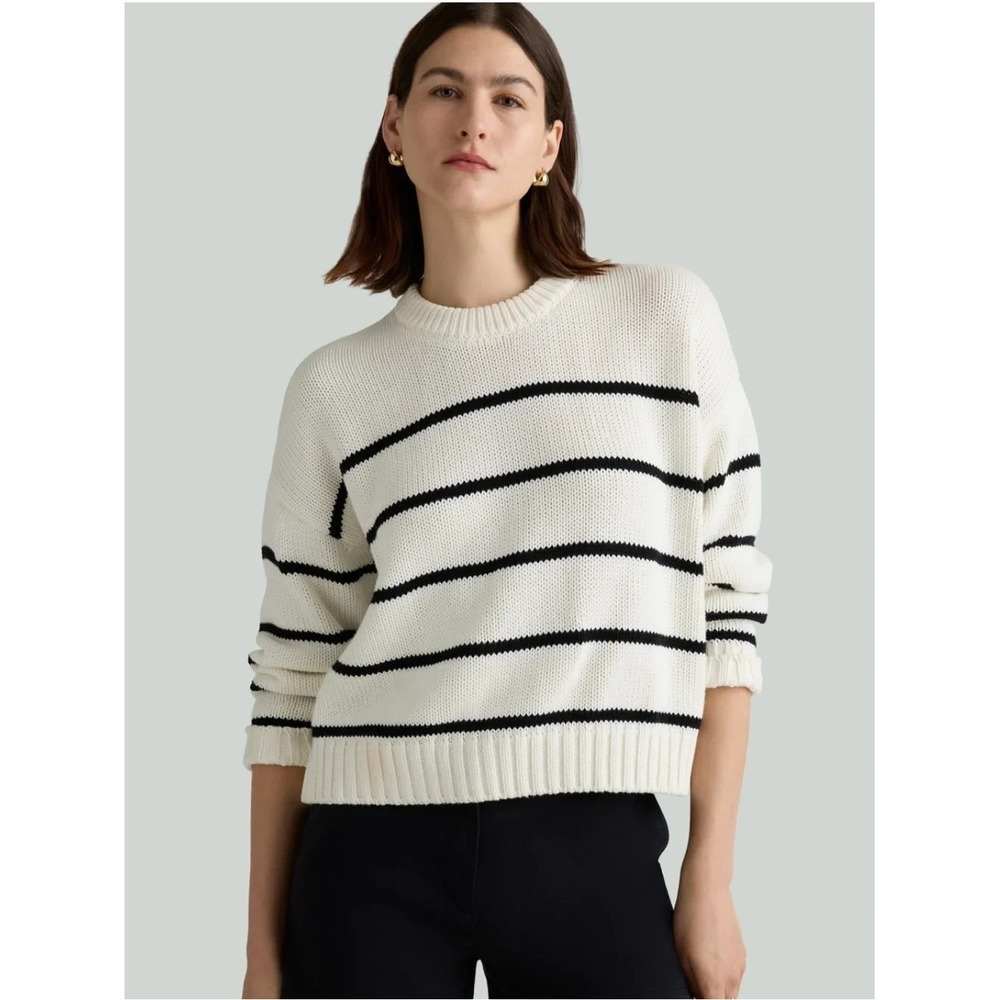 Quince Organic Striped Crewneck Knit Sweater In Ivory Black Women's Size M